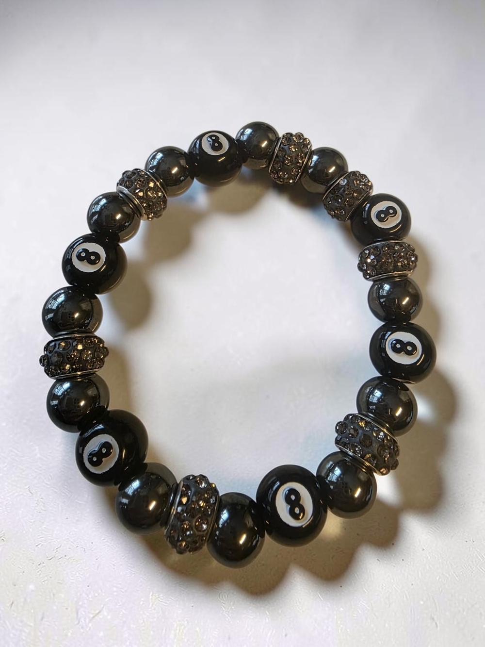 Handcrafted Hematite 8 Ball Billiards Crystal Rondelle Bracelet